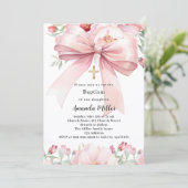 ピンクの蝶結びの花の女の子の洗礼 招待状 (スタンド正面)