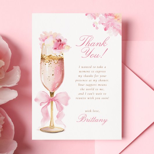 ピンクの蝶結びの花びらとプロセッコのブライダルシャワー サンキューカード
