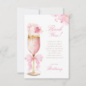 ピンクの蝶結びの花びらとプロセッコの花嫁シャワー サンキューカード (正面)