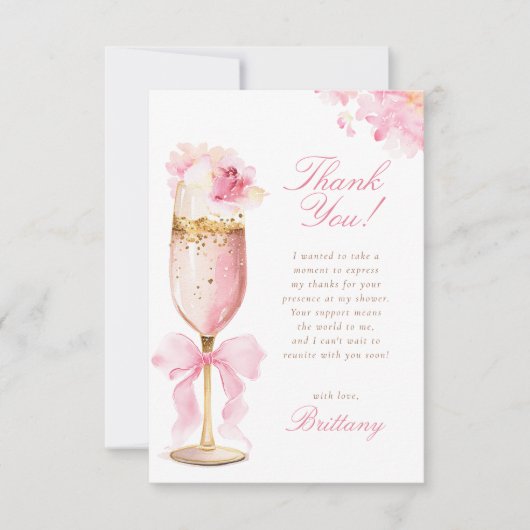 ピンクの蝶結びの花びらとプロセッコの花嫁シャワー サンキューカード (正面)