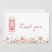 ピンクの蝶結びの花びらとプロセッコ ブラッシュ ブライダルシャワー サンキューカード (正面)