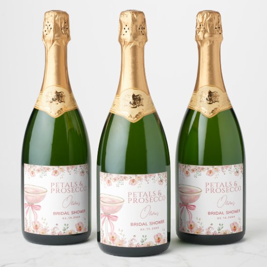 ピンクの蝶結びの花びらとプロセッコ ブラッシュ ブライダルシャワー スパークリングワインラベル (ボトル)