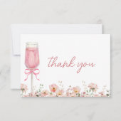 ピンクの蝶結びの花びらとプロセッコ ブラッシュ ブライダル シャワー サンキューカード (正面)