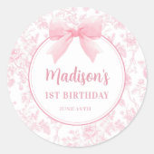 ピンクの蝶結びの花柄シノワズリーバースデーステッカー ラウンドシール (正面)