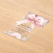 ピンクの蝶結びの花飾りが付いた清楚な女の子の初聖体拝領案内 アクリル招待状 (レイダウン)
