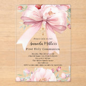 ピンクの蝶結びの花飾りが付いた清楚な女の子の初聖体拝領案内 アクリル招待状 (正面)