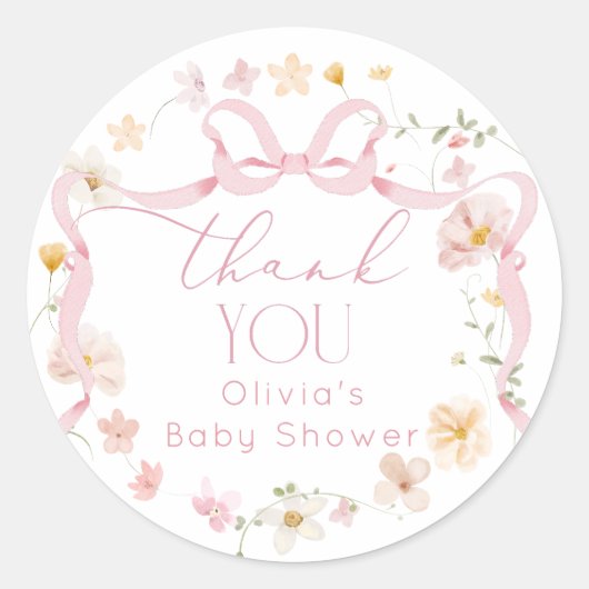 ピンクの蝶結びの花 赤ちゃんが咲く ベビーシャワー ラウンドシール (正面)