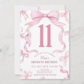 ピンクの蝶結びの誕生日招待状、女の子の11歳の誕生日招待状 招待状 (正面)
