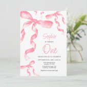 ピンクの蝶結びの誕生日招待状 招待状 (スタンド正面)