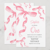 ピンクの蝶結びの誕生日招待状 招待状 (正面/裏面)