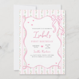 ピンクの蝶結びの誕生日 招待状