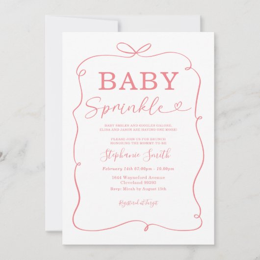 ピンクの蝶結びの赤ちゃん女の子のスプリンクル招待状 招待状 (正面)