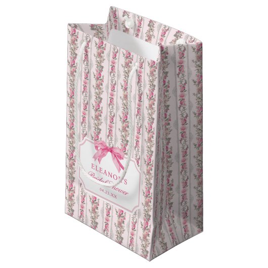 ピンクの蝶結びコケッタ ブライダルシャワー 小さなギフトバッグ スモールペーパーバッグ (正面アングル)