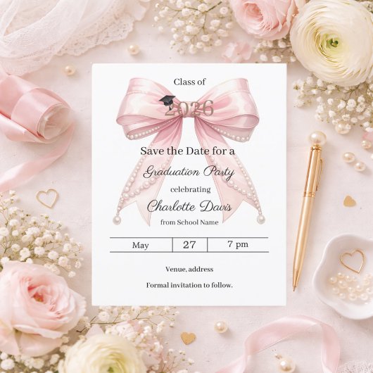 ピンクの蝶結びパール 卒業パーティー Save the Date カード