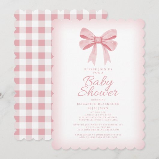 ピンクの蝶結びベビーシャワー エレガント ガーリー ギンガムチェック 招待状 (正面/裏面)