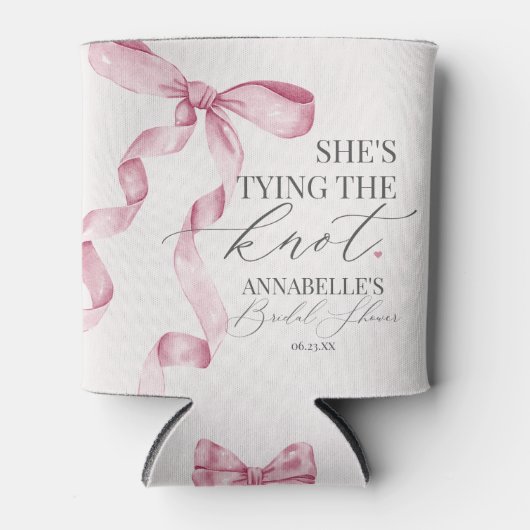 ピンクの蝶結び ウェディングシャワーのおもてなしギフト 缶クーラー (正面)