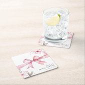 ピンクの蝶結び ウェディングシャワー スクエアペーパーコースター (インサイチュ)