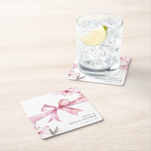 ピンクの蝶結び ウェディングシャワー スクエアペーパーコースター (インサイチュ)