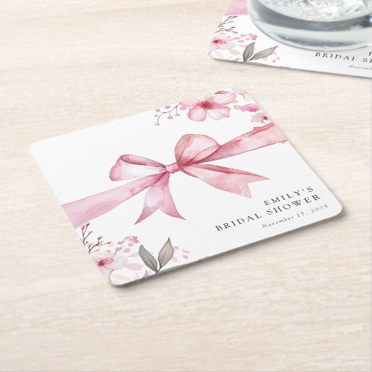 ピンクの蝶結び ウェディングシャワー スクエアペーパーコースター (アングル)