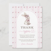 ピンクの蝶結び ウサギ ヴィンテージ ウサギ 1歳の誕生日 サンキューカード (正面)