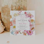 ピンクの蝶結び ガール ワイルドフラワー ベビーシャワー 招待状