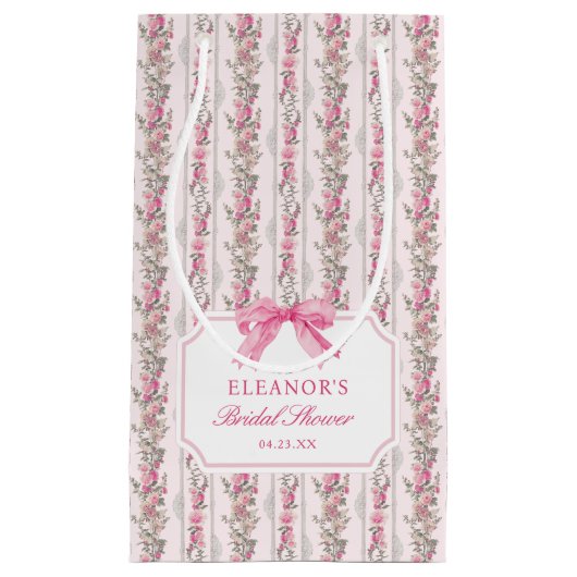 ピンクの蝶結び コケッタ ブライダルシャワー 小さなギフトバッグ スモールペーパーバッグ (正面)