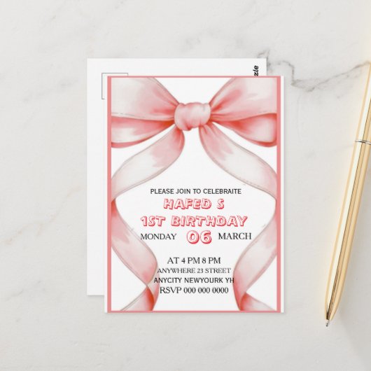 ピンクの蝶結び コケッティーな誕生日招待状 13歳の誕生日 ポストカード (正面/裏面インサイチュ)