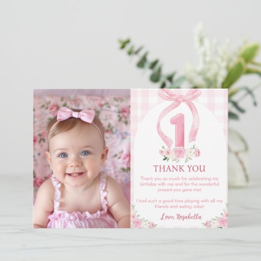 ピンクの蝶結び コケッティー 誕生日感謝カード サンキューカード (スタンド正面)