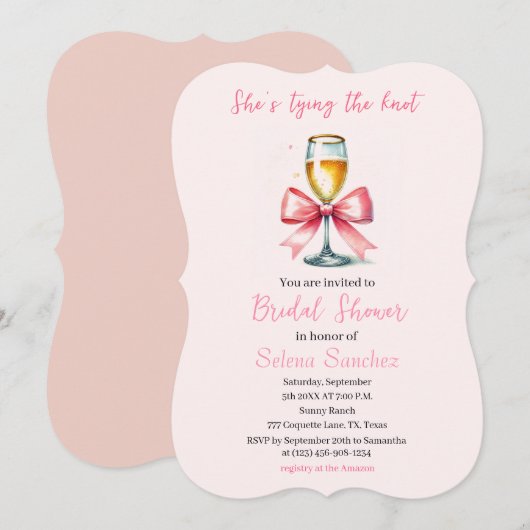 ピンクの蝶結び コケッティ プロセッコ  ブライズシャワー 招待状 (正面/裏面)