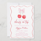 ピンクの蝶結び コケティッシュ チェリーベイビーシャワー 招待状 (正面)