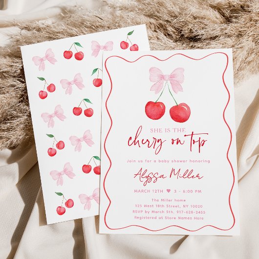 ピンクの蝶結び コケティッシュ チェリーベイビーシャワー 招待状