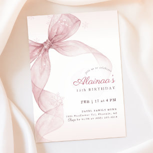 ピンクの蝶結び コケティ スノーフレーク ウィンター 15歳の誕生日 招待状