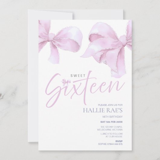 ピンクの蝶結び スイート16 招待状 16歳の誕生日 (正面)