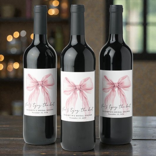 ピンクの蝶結び ブライダルシャワーのラベル ワインラベル