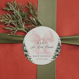 ピンクの蝶結び 外は寒いよ 赤ちゃん歓迎ステッカー ラウンドシール