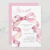 ピンクの蝶結び 女の子のベビーシャワー 招待状 (正面/裏面)