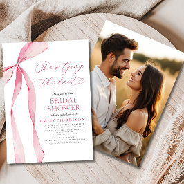 ピンクの蝶結び 彼女の結婚が決まった フォト ブライダルシャワー 招待状