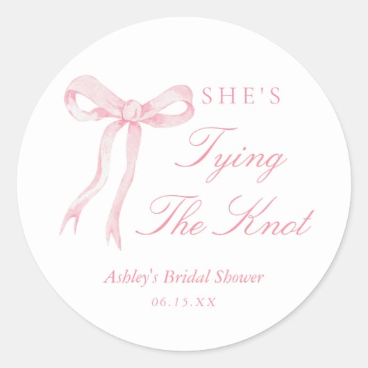 ピンクの蝶結び 彼女は結婚する ブライダルシャワー ラウンドシール (正面)