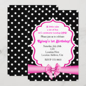 ピンクの蝶結び 黒白水玉パーティー招待状 招待状 (正面/裏面)