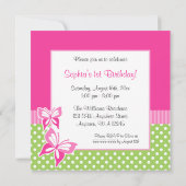 ピンクの蝶緑の水玉模様の第1誕生日の写真 招待状 (裏面)