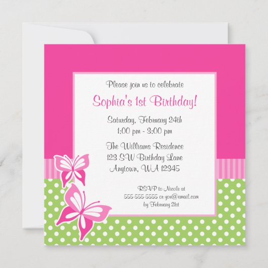 ピンクの蝶緑の水玉模様の第1誕生日の写真 招待状 (裏面)