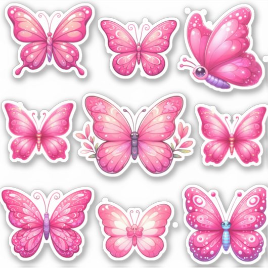 ピンクの蝶鮮やかの群れ シール (正面)