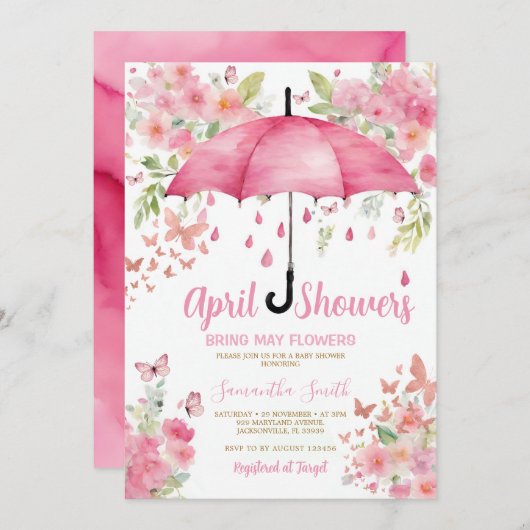 ピンクの蝶4月のシャワーが5月の花をもたらす 招待状 (正面/裏面)
