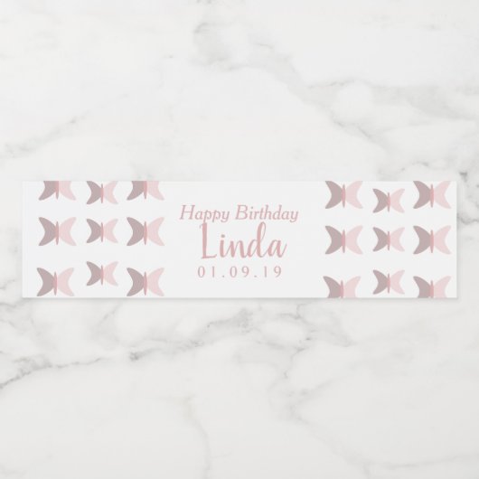ピンクの蝶 シンプル ハッピー バースデー ペットボトルラベル (シングルラベル)