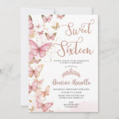 ピンクの蝶 スイート16 16歳の誕生日写真 招待状 (正面)
