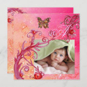 ピンクの蝶、ベビーガールシャワー写真テンプレート 招待状 (正面/裏面)