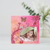 ピンクの蝶、ベビーガールシャワー写真テンプレート 招待状 (スタンド正面)