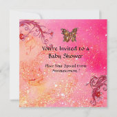 ピンクの蝶、ベビーガールシャワー写真テンプレート 招待状 (裏面)