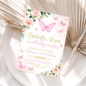 ピンクの蝶　1歳の誕生日パーティー招待状 招待状