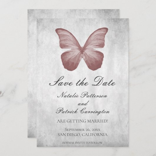 ピンクの蝶 Save the Date 招待状 (正面/裏面)